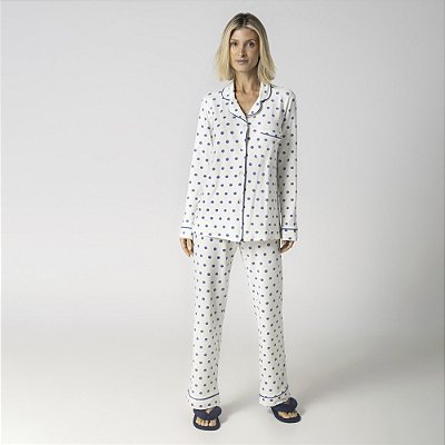 Pijama Feminino Longo Aberto Poá Azul