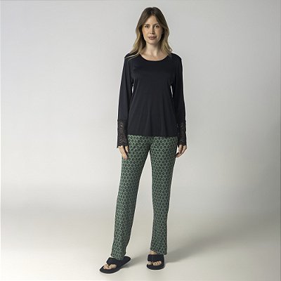 Pijama Feminino Longo Étnico Verde e Preto