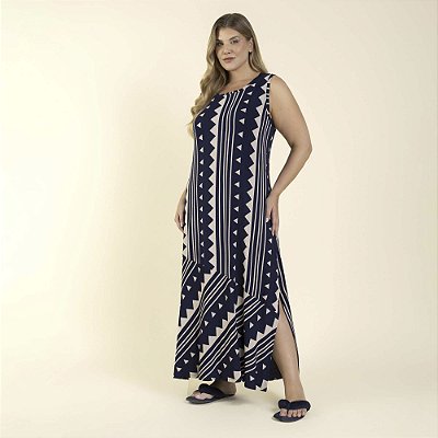 Camisola Longa Regata Plus Size Geometric Marinho