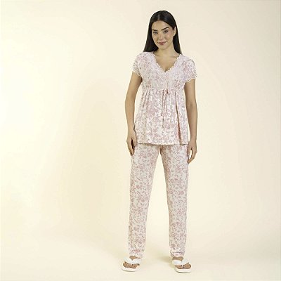 Pijama Feminino Gestante Roses com Renda