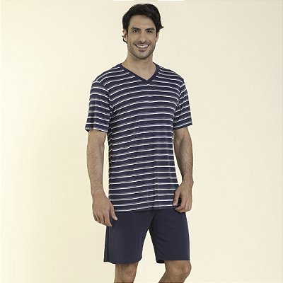 Pijama Masculino Curto Poliamida Listrado Marinho