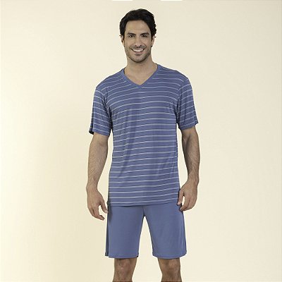 Pijama Masculino Curto Poliamida Listrado Azul Claro