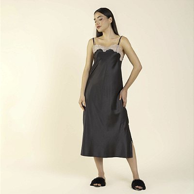 Camisola Midi de Alça Cetim Dull Preto com Renda