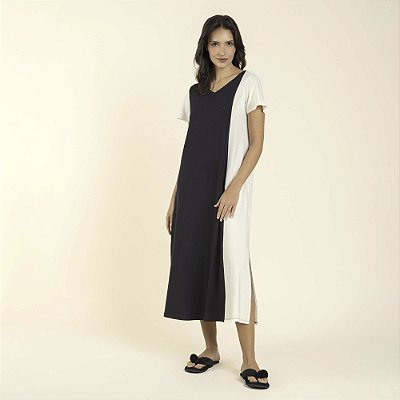 Kaftan Feminino Midi Preto com Off White