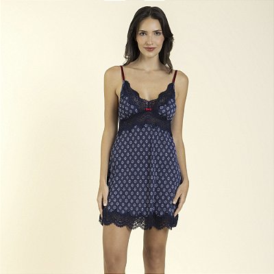 Camisola Curta de Alça Gravataria Marinho com Renda