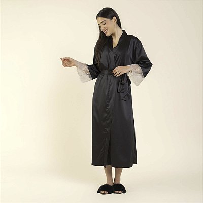Robe Feminino Longo Cetim Dull Preto com Renda
