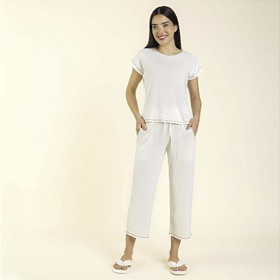 Pijama Feminino Capri Canelado Off White com Bolso