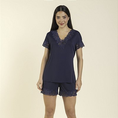 Pijama Feminino Curto Poliamida Marinho com Renda
