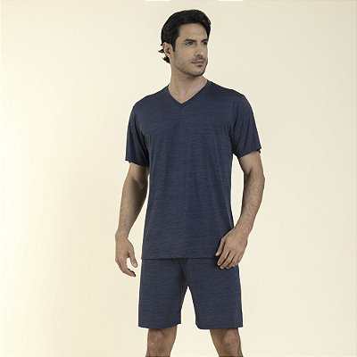 Pijama Masculino Curto Poliamida Stripes Azul Ocean