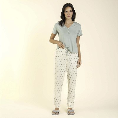Pijama Feminino com Camiseta Henley Curta Poá Green