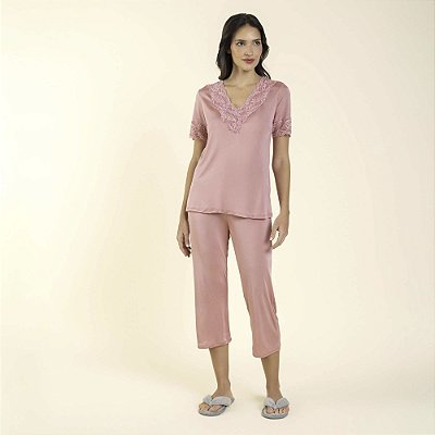 Pijama Feminino Capri Rosa Cerejeira com Renda