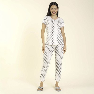 Pijama Feminino Capri Branco Floral Estilizado
