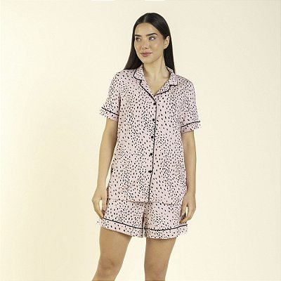 Pijama Feminino Curto Aberto Rosa Polka Dots