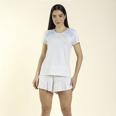 Pijama Feminino Curto Branco com Poás Azul Encante