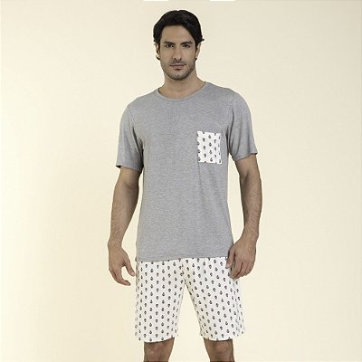 Pijama Masculino Curto Cinza e Branco com Estampa