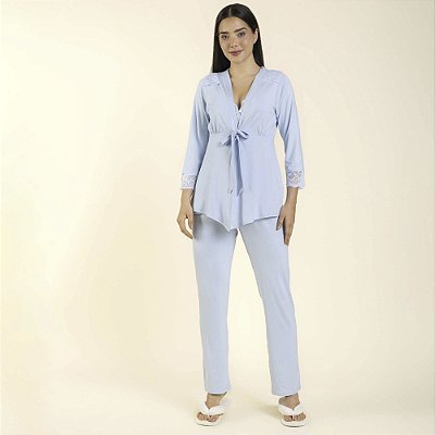Pijama Gestante Trio Azul Claro com Renda