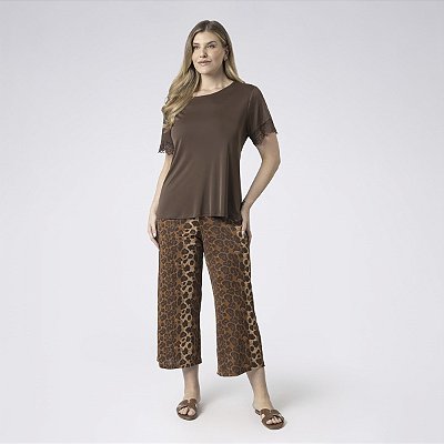 Pijama Feminino Capri Plus Size Onça Brown