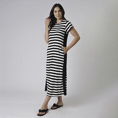 Vestido Midi Listrado Preto e Branco