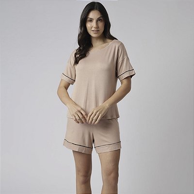 Pijama Feminino Curto em Visco Maquinetada Grão