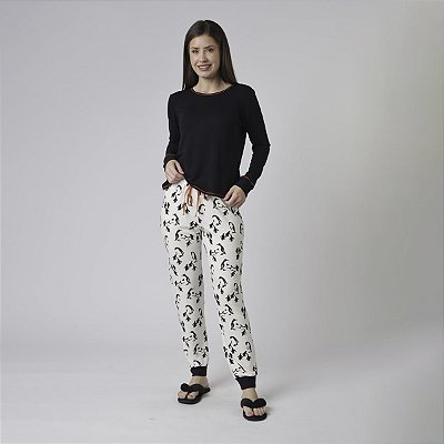 Pijama Feminino Longo Pinguim e Preto