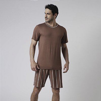 Pijama Masculino Curto Listrado Cappuccino
