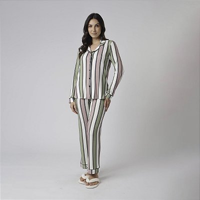 Pijama Feminino Aberto Manga Longa Listrado Style