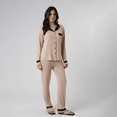Pijama Feminino Aberto em Visco Maquinetada Grão