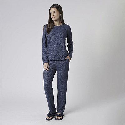 Pijama Feminino Longo Cashmere Touch Marinho
