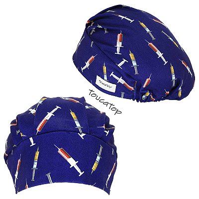 Touca Cirúrgica Feminina , Seringas Coloridas, Anestesia, Azul