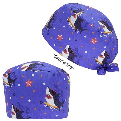 Gorro Cirúrgico, Tubarão Surfando onda, estrela do mar, Azul