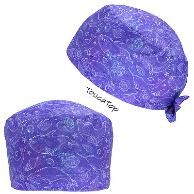 Gorro Cirúrgico, Fundo do mar, Peixes, Baleias, Conchas, Azul Manchado