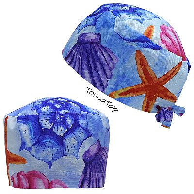 Gorro Cirúrgico, Fundo do Mar, Conchas, Estrelas, Azul