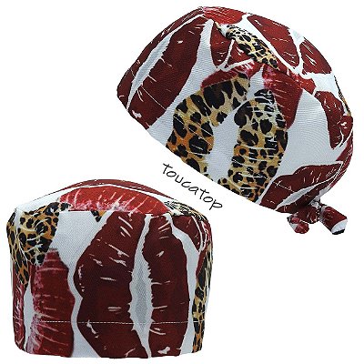 Gorro Cirúrgico, Bocas Vermelha, Lábios Animal Print Onça, Branco
