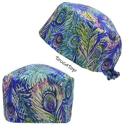 Gorro Cirúrgico, Greys Anatomy, Penas Pavão coloridas, Roxo, Azul
