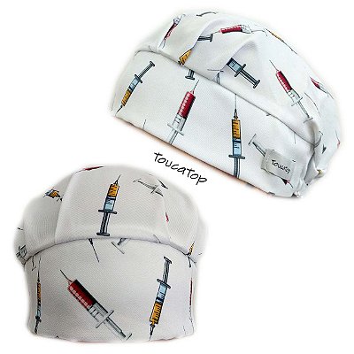 Touca Cirúrgica Feminina, Seringas Coloridas, Branco