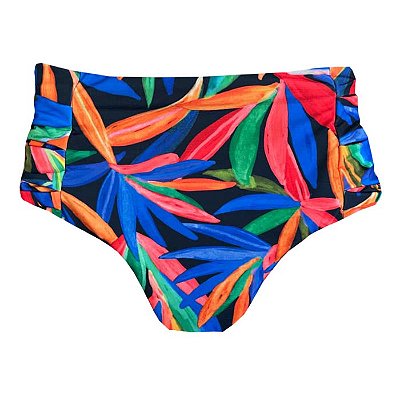 Calcinha de Biquíni Hot Pants Franzida Folhagens Coloridas
