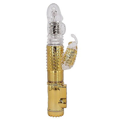 JACK RABBIT VIBRADOR COM MOVIMENTO DE VAI E VEM COM ESTIMULADOR DE CLÍTORIS BORBOLETA, RECARREGÁVEL - 26 X 3,0 CM | COR: DOURADO