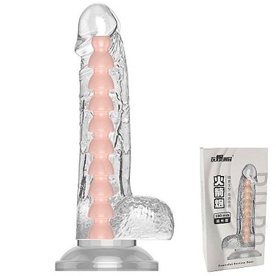 POWERFUL SUCTION BASE - PÊNIS REALÍSTICO TRANSLÚCIDA COM ESCROTO, VÉRTEBRA E BASE EM VENTOSA 18CM