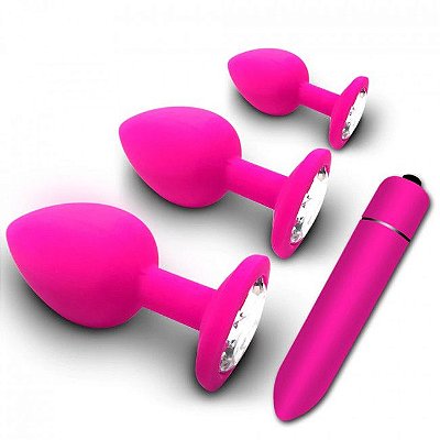 KIT PLUG ANAL EM SILICONE TAMANHOS P, M E G + CÁPSULA VIBRATÓRIA COM 10 MODOS DE VIBRAÇÃO - COR PINK