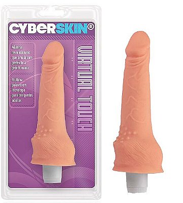 PRÓTESE REALÍSTICA EM FORMATO DE PÊNIS COM MASSAGEADOR NA BASE, VIBRO MULTIVELOCIDADE CYBER SKIN - 17 X 3,5 CM