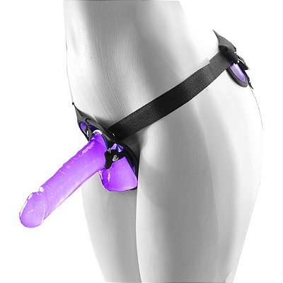 Cinta com pênis lilás de 18 cm com escroto strapon - cinta veste do P ao Plus size