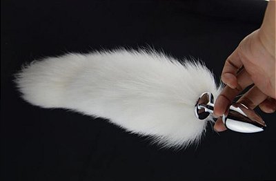 Plug anal rabo de raposa polar branco (plug grande 9.5 x 4 cm - cor prata) - cosplay