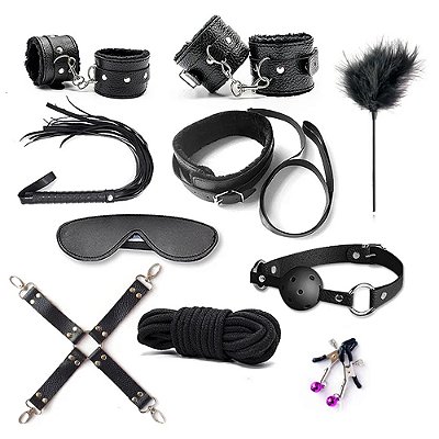 Kit Sado BDSM com 10 peças - cor preta