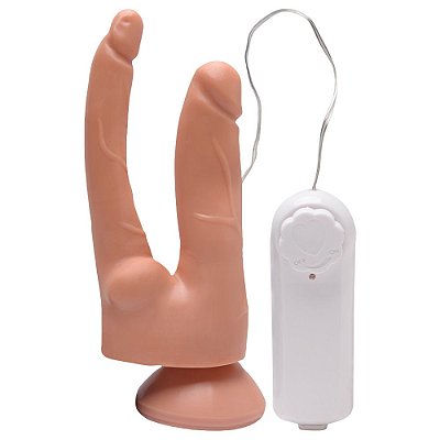 Pênis duplo com ventosa e vibrador 17cm - cor bege