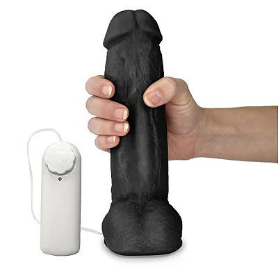 PÊNIS KONG GROSSO - Pênis com escroto, ventosa e vibrador - 19,5x5,5 cm - cor preta