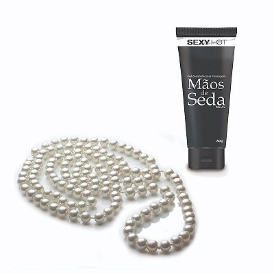 KIT COM COLAR DE PÉROLAS E GEL MÃOS DE SEDA PARA MASSAGEM SENSUAL