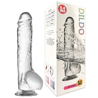 GLASSY DILDO - Pênis Realístico transparente com Ventosa, Possui Glande Pequena e Escroto - 24x4cm