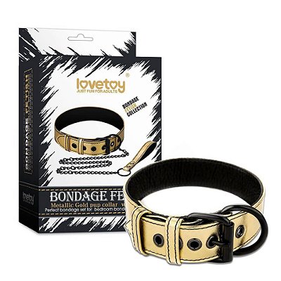 COLEIRA EM COURO SINTÉTICO COM CORRENTE DE METAL | COR: DOURADO - LOVETOY BONDAGE FETISH COLLECTION