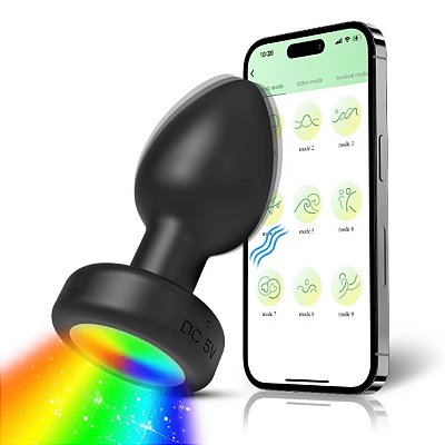 Plug Anal recarregável em silicone vibratório com controle por APP de celular e luz LED - 10 Modos de Vibração e 3 de Rotação