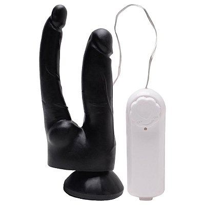 PÊNIS DUPLO COM VENTOSA E VIBRADOR 17CM - COR PRETA